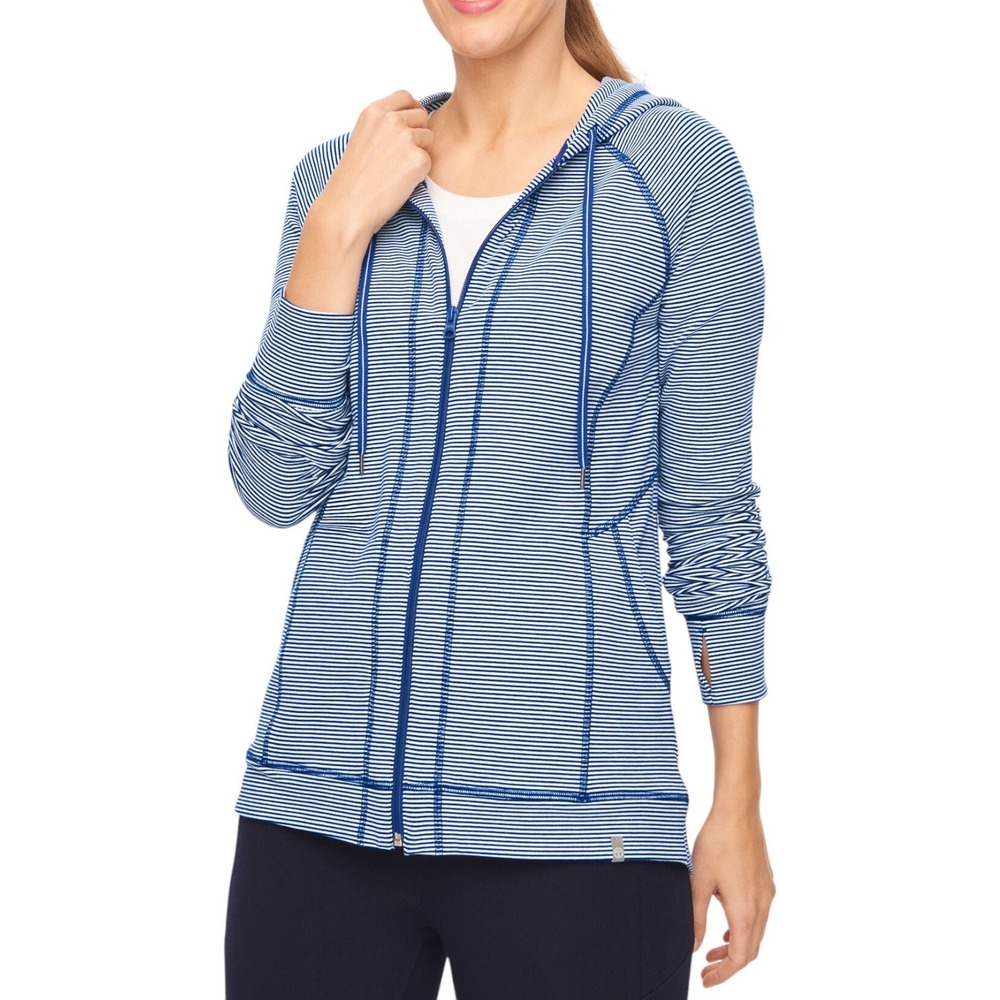 Talbots Women's Size L Voyage Stripe Zip-Up Hoodie Modal Cotton Pockets Coastal